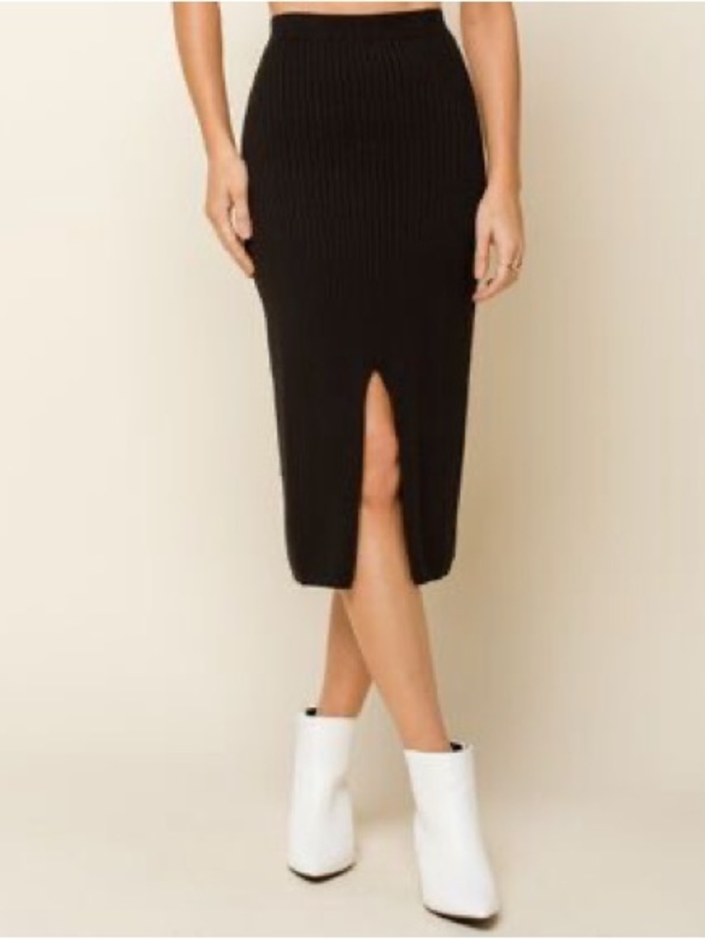 Aerie Elastic-Waist Pull-On Skirt Front Slit Ribbed Black Festival